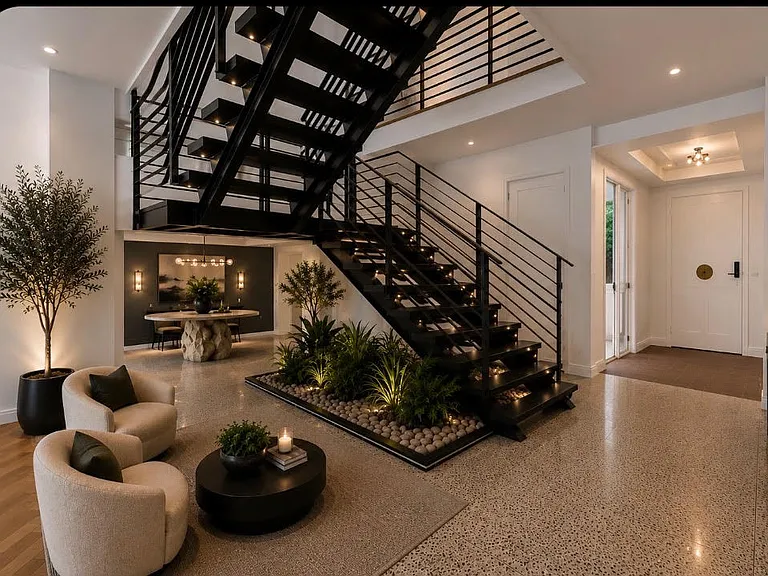 View of Foyer, stairwell and custom serving table with AI Virtual furnishings