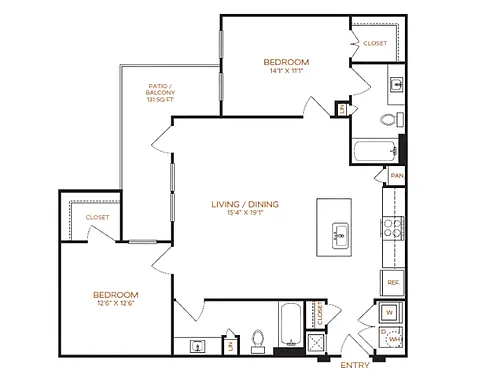 Floor plan 2 Bed, 2 Bath C (80% Income Restricted)