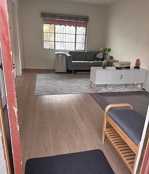 With the bed folded away, the room has generous uses...