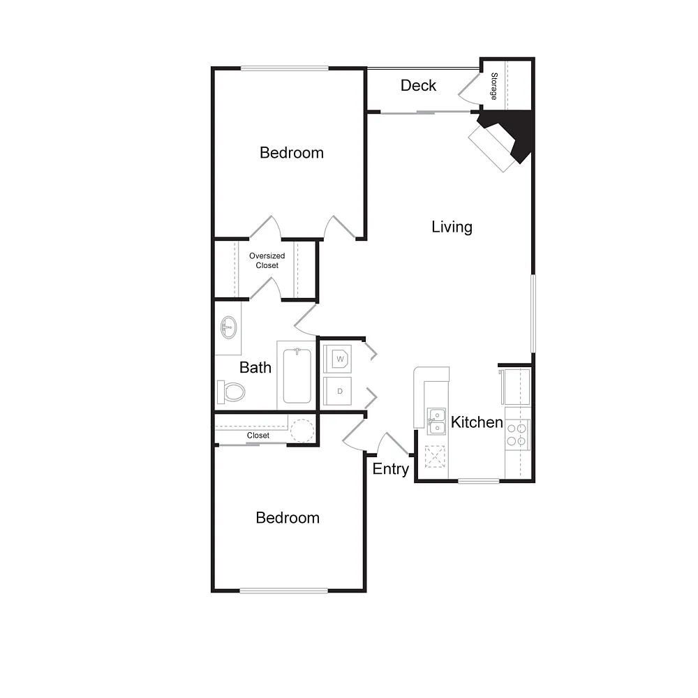 Floor plan Two Bedroom, One Bathroom (873 sq ft)