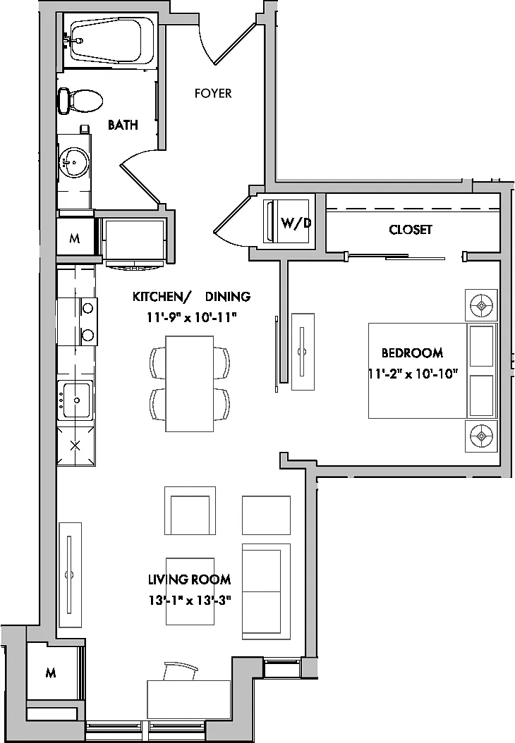Floor plan Melford I 1 Bed/1 Bath-A6