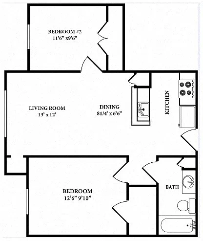 Floor plan Two Bedroom One Bathroom 60%