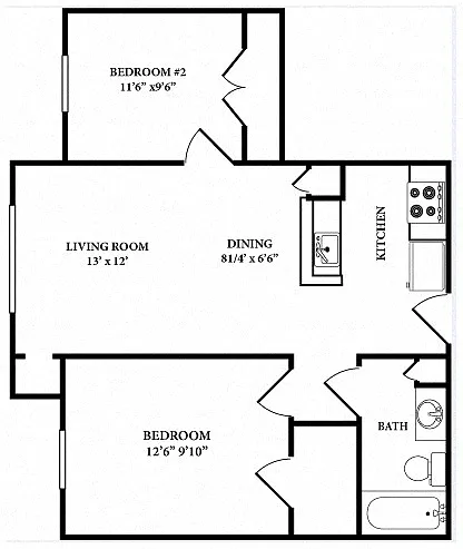 Floor plan Two Bedroom One Bathroom MKT