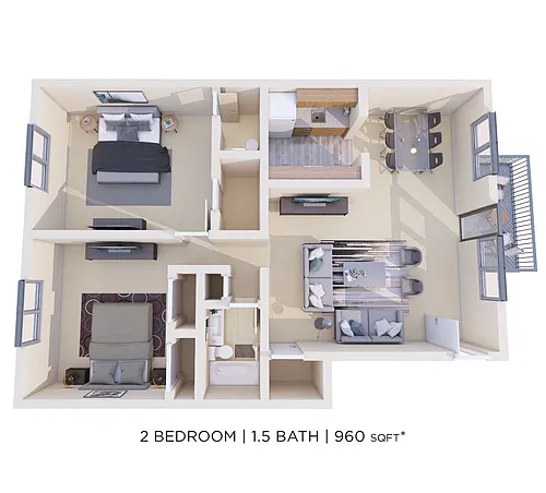 Floor plan Two Bedroom 1.5 Bath - 960 sqft