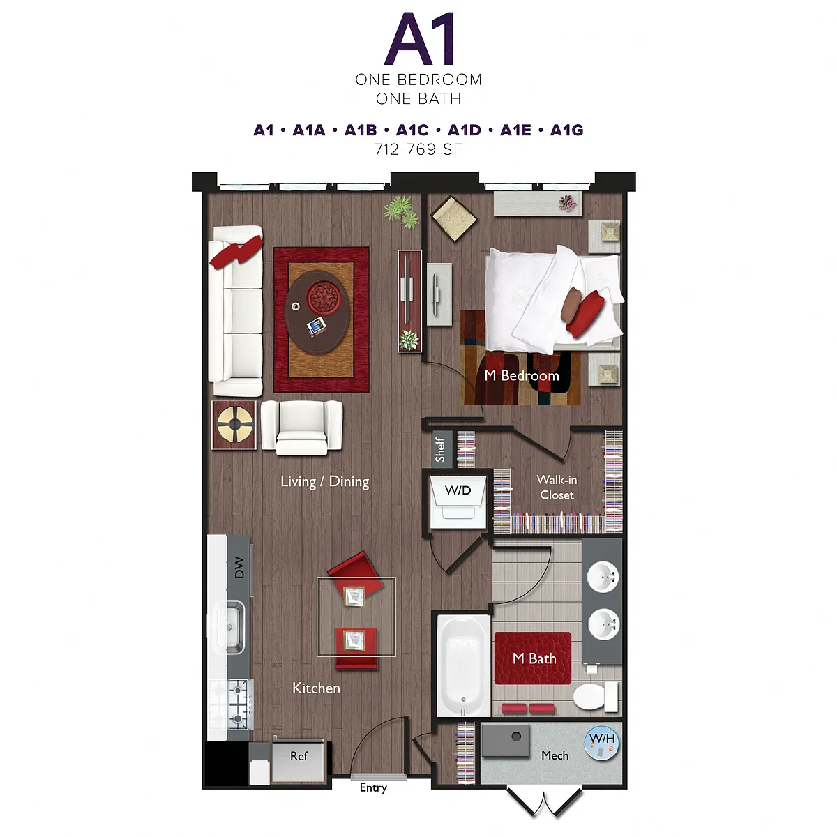Floor plan One Bedroom/One Bathroom (A01C)