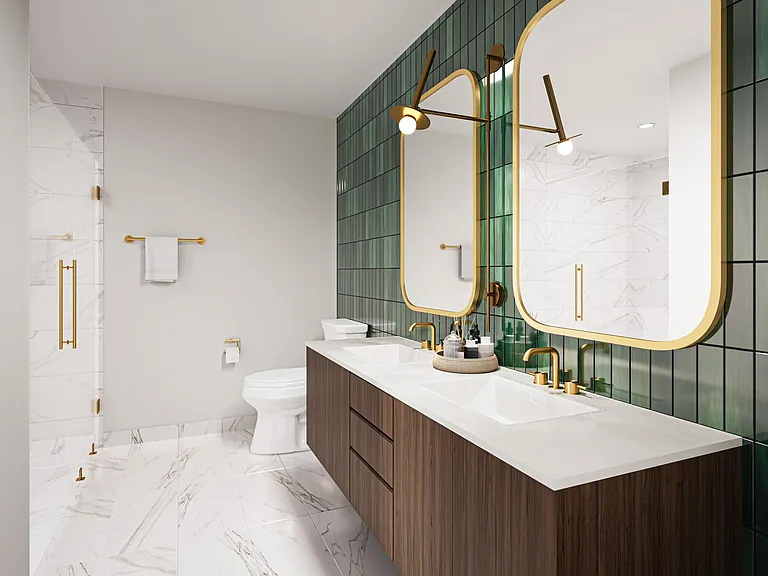 Luxurious bathroom with tub/shower combo and dual undermounted sinks