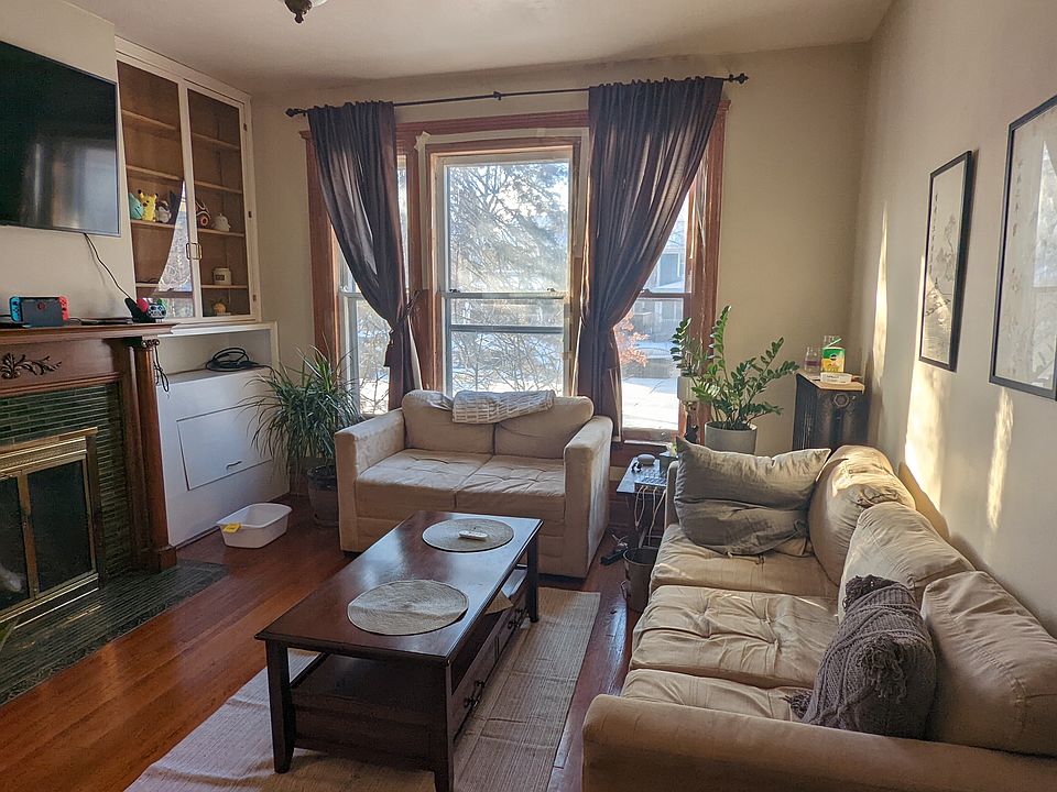 Living room with lots of natural sunlight - south facing. Fireplace. Enclosed bookshelves.