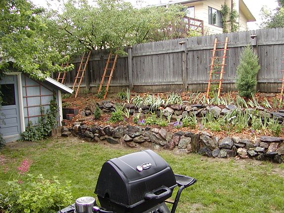 tiered back yard flower beds, shed, garden plot