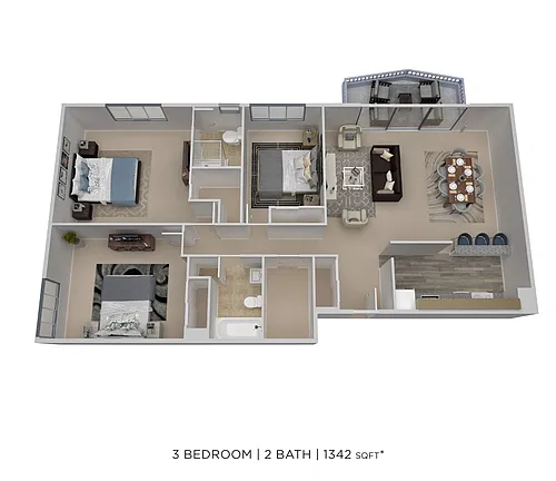Floor plan Three Bedroom 2 Bath - 1,342 sqft