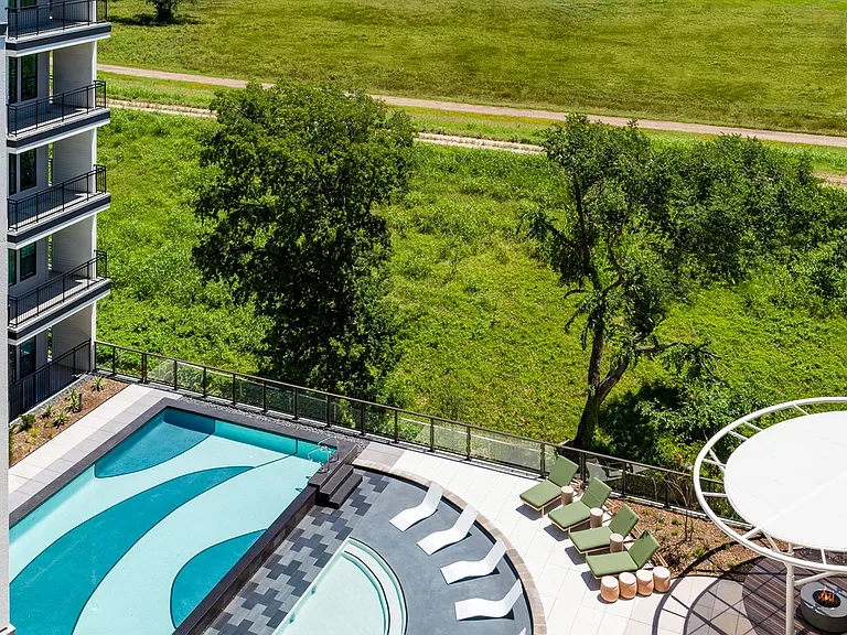 Unwind in luxury at Modera Trinity's elevated resort-style pool. Dive into relaxation with breathtaking views and a serene ambiance.