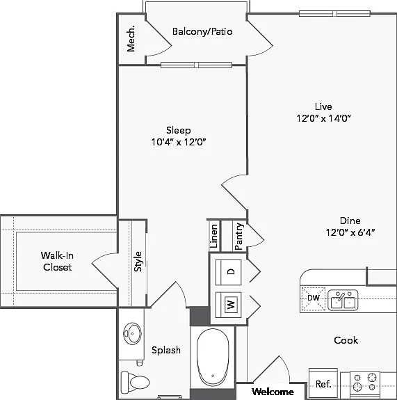 Asheville 1 Bed x 1 Bath Floorplan Asheville 1 Bed x 1 Bath Floorplan