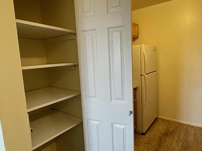 New easy clean shelves and a new 6-panel door make this large kitchen pantry a delight.