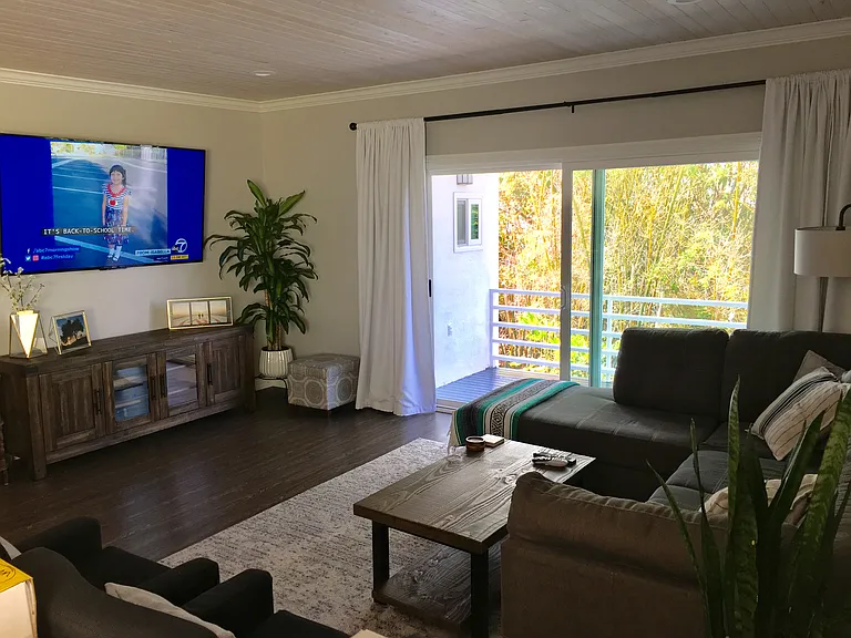 Comfortable living room with wall mount available for your own TV