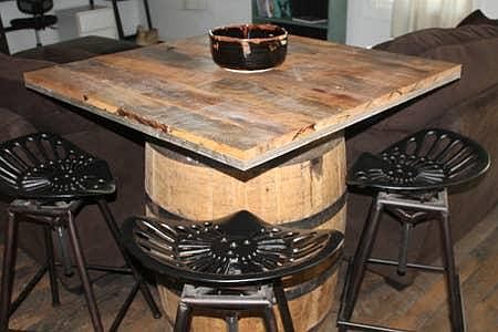 Floor and barrel table top of reclaimed barn wood/oak.