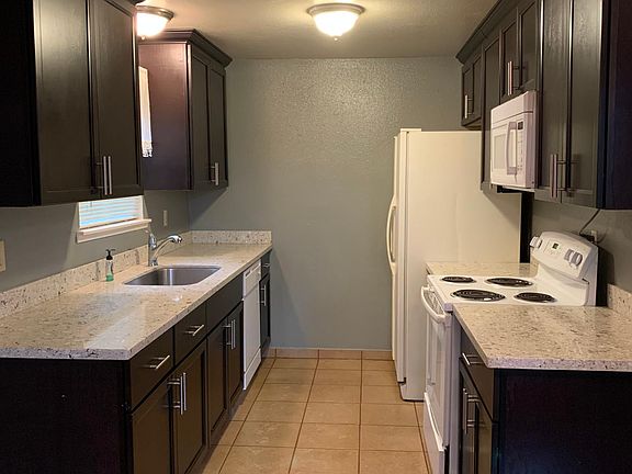 Modern kitchen with granite countertops. Appliances in good working condition