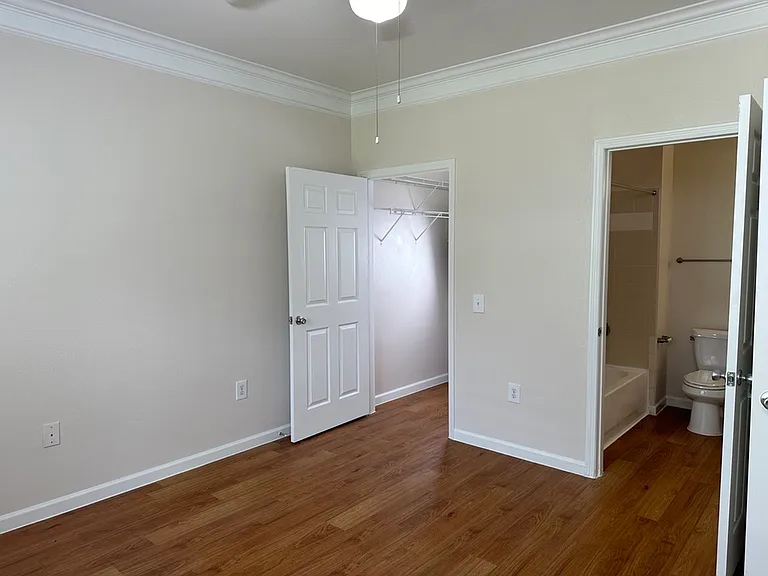 Bright modern bedroom with wood-style flooring, featuring a walk-in closet and bathroom. Bright modern bedroom with wood-style flooring, featuring a walk-in closet and bathroom.