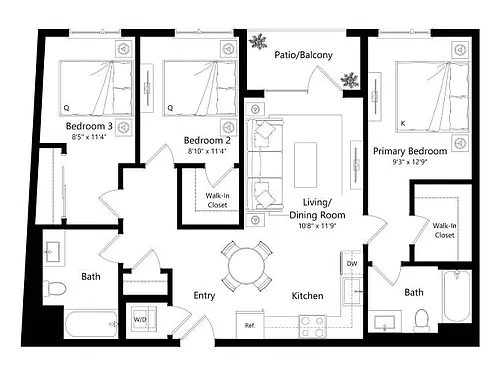 Floor plan 3B - 3 Bed 2 Bath