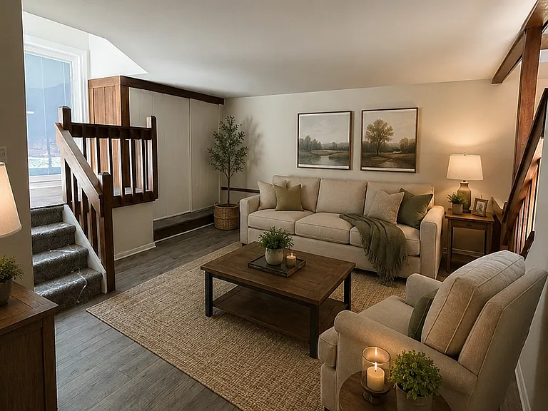 Second Floor Living Room Area with Access to Patio, Dining Room and Kitchen