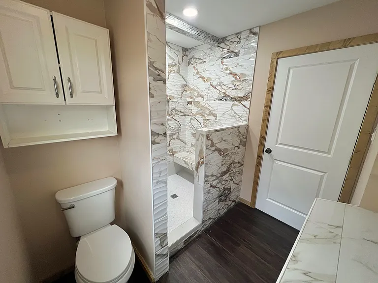 A beautiful walk-in shower in a full renovated, up to date bathroom