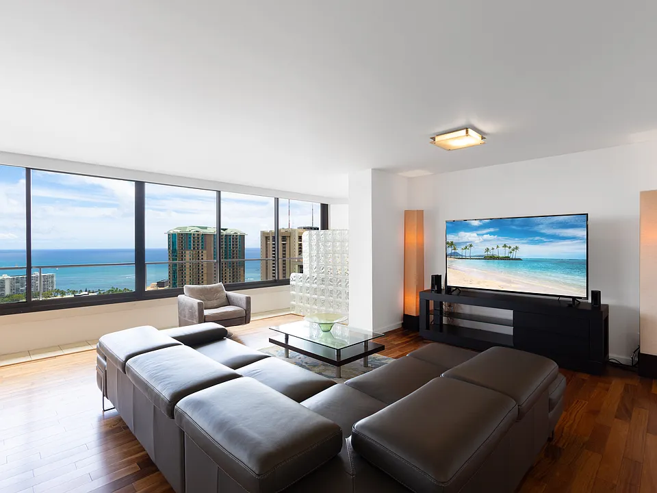Luxury living room seating with gorgeous ocean views overlooking Waikiki
