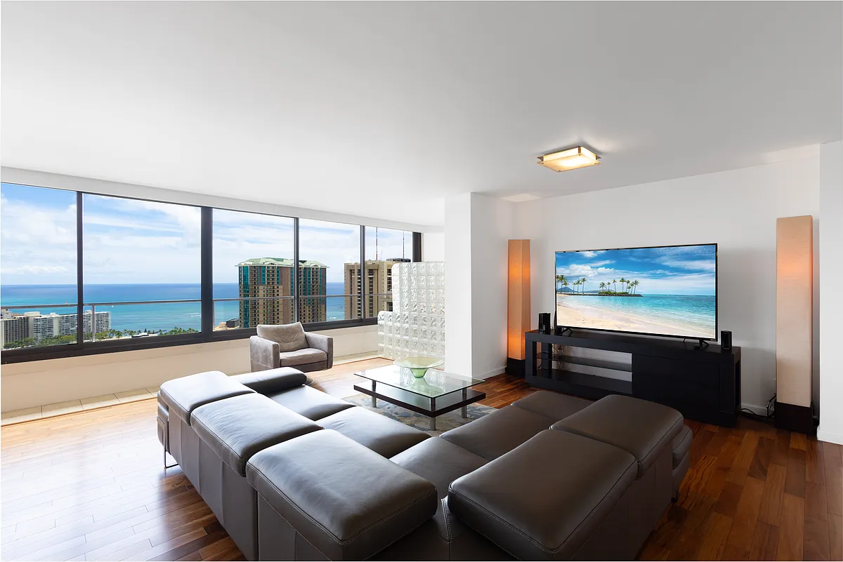 Luxury living room seating with gorgeous ocean views overlooking Waikiki - 1910 Ala Moana Blvd #38