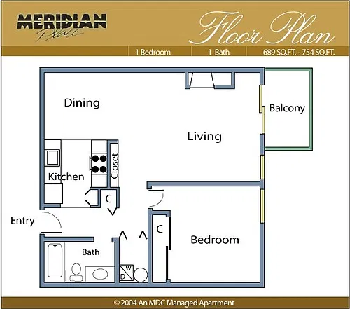 Floor plan 1 Bed 1 Bath-689F