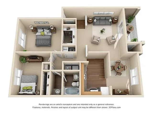 Floor plan 2 Bed, 1 Bath (Dogwood)