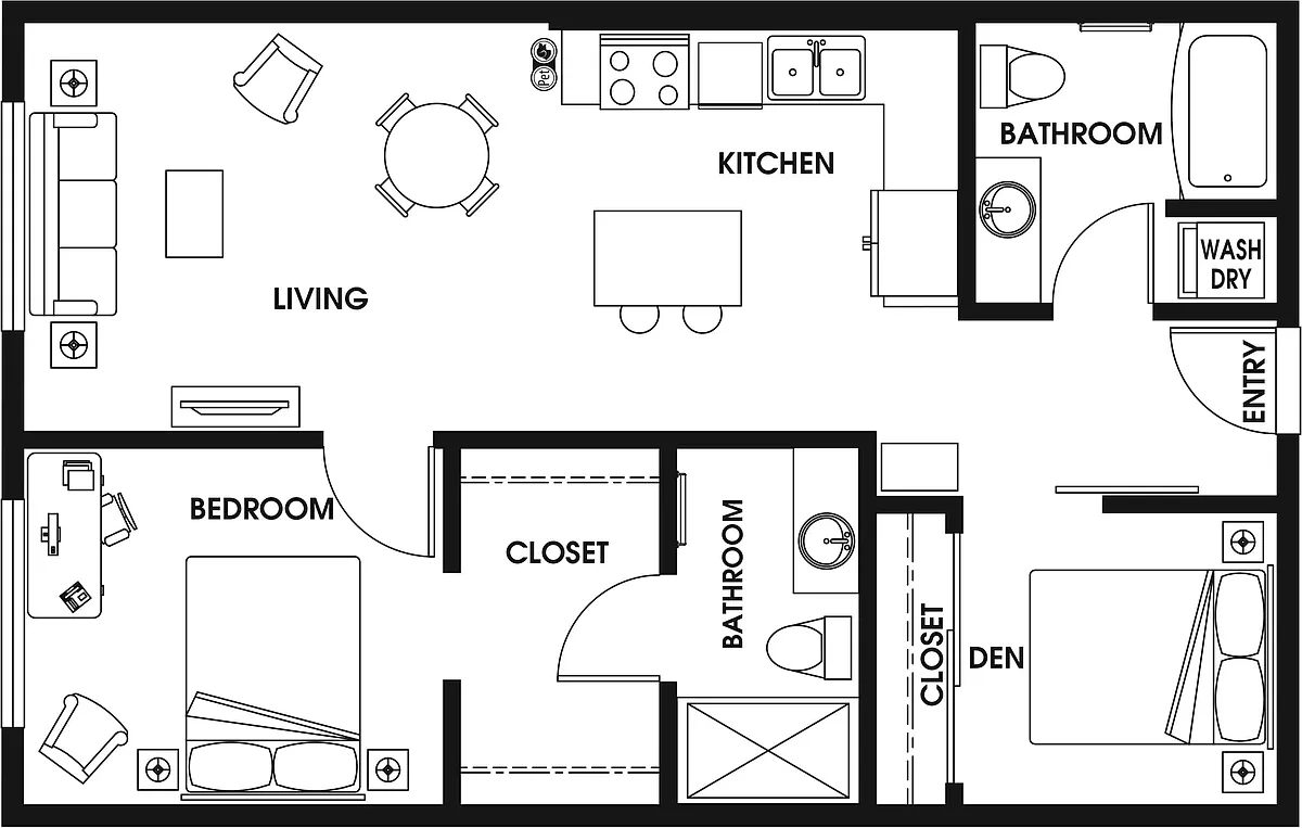 Floor plan 1 Bed/2 Bath Den ARCH-B7_N2