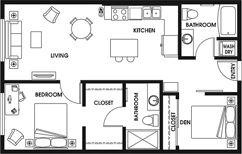 Floor plan 1 Bed/2 Bath Den-B7_N2