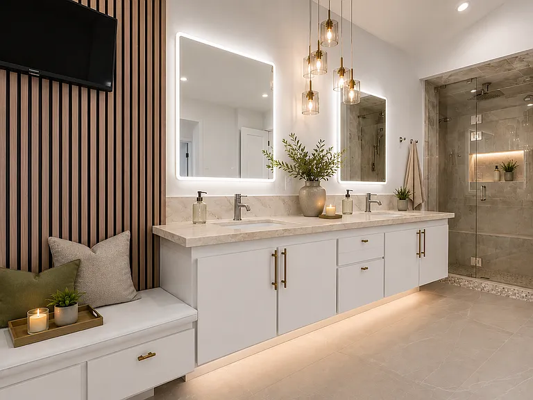 Primary bathroom with 2 shower heads as well as a rain shower head, steam room, tub, TV, double sink and walk in closet (separated by a door). Also has large winds to the east for amazing sunrise mountain views.