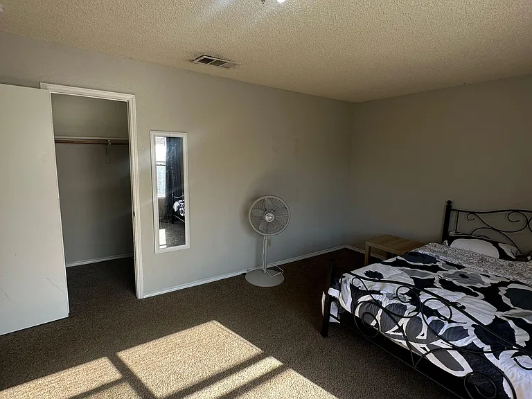 Spacious bedroom with carpet flooring, a closet, and a wall mirror, plus room for a full bed and side table.