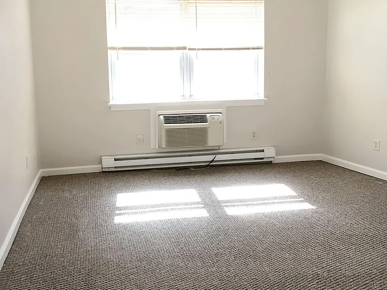 carpeted living room with AC unit and baseboard heat.