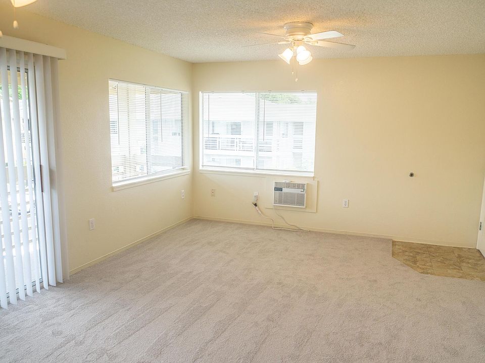 Living room with new carpet, has an a/c and 2 ceiling fans.