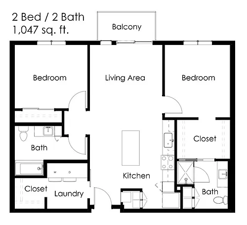 Floor plan 2 Bed / 2 Bath 1047 sq ft 2B Split