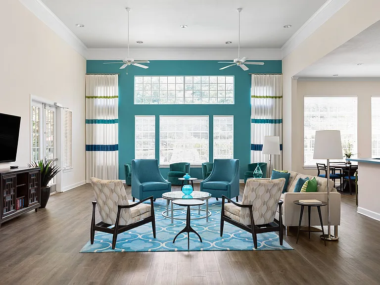 Spacious Clubhouse View with Sitting Area and TV