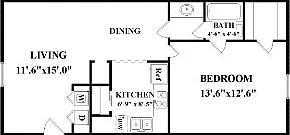 One bedroom, one bathroom. Not all have washer/dryer connections. Actual layout might be slightly different than floorplan shown. One bedroom, one bathroom. Not all have washer/dryer connections. Actual layout might be slightly different than floorplan sh