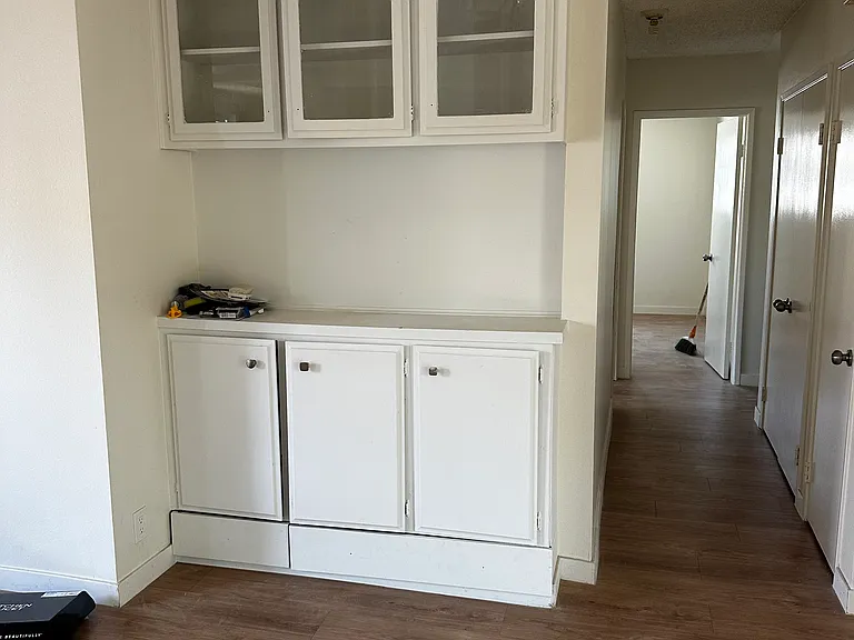 Living Room Built-In Vanity, Hallway to Bedrooms and Baths. Closets in Hallway with Lots of Storage