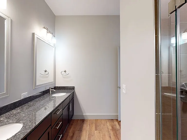 Apartment bathroom with wood-style flooring.
