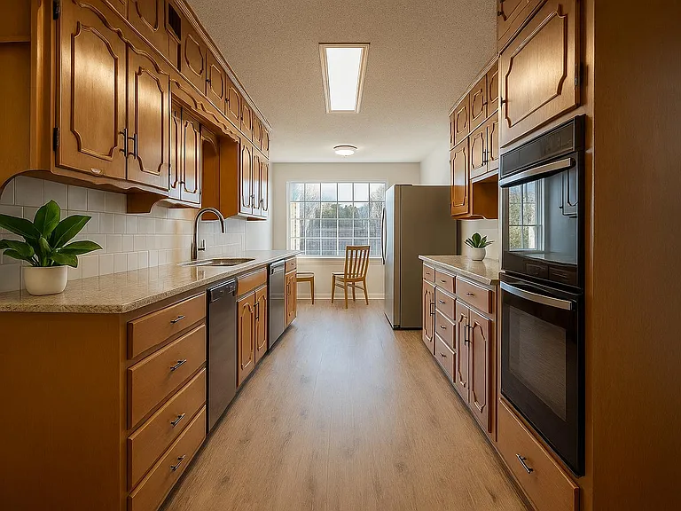 Galley kitchen with granite counters, custom cabinets & greenerymove-in ready charm!