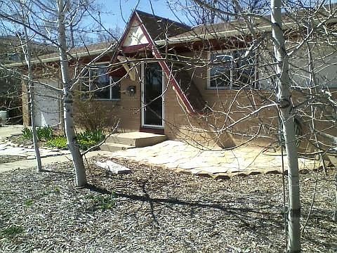 front house with flagstone porch and aspen grove