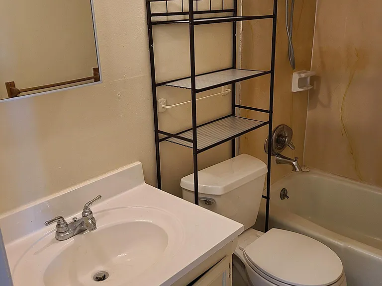 Clean vanity with medicine cabinet, shower hose, and powered ceiling vent.
