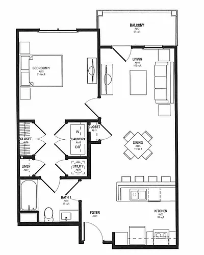 Floor plan 1 bed, 1 bath