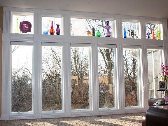 Panoramic view into woods from the great room