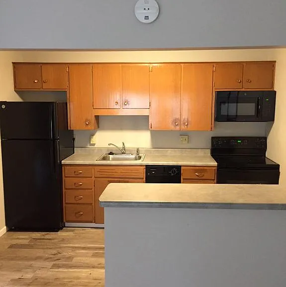 Recent contemporary appliances and real wood cabinets.