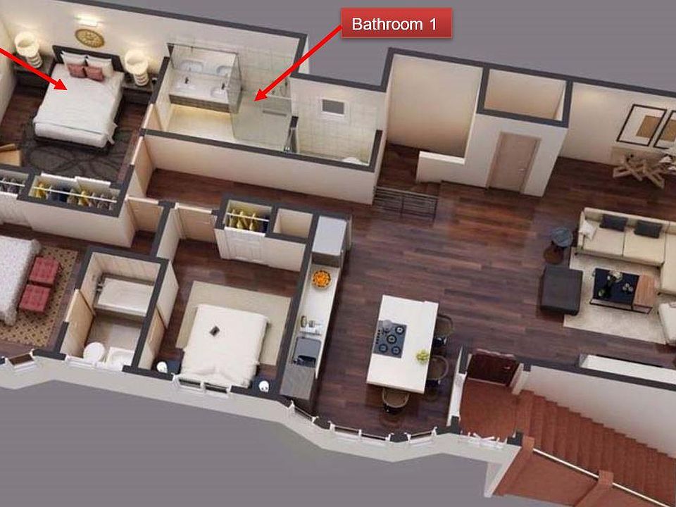 Upstairs Floor Plan. Bedroom 1 available for rent with large shared bathroom (Bathroom 1).
