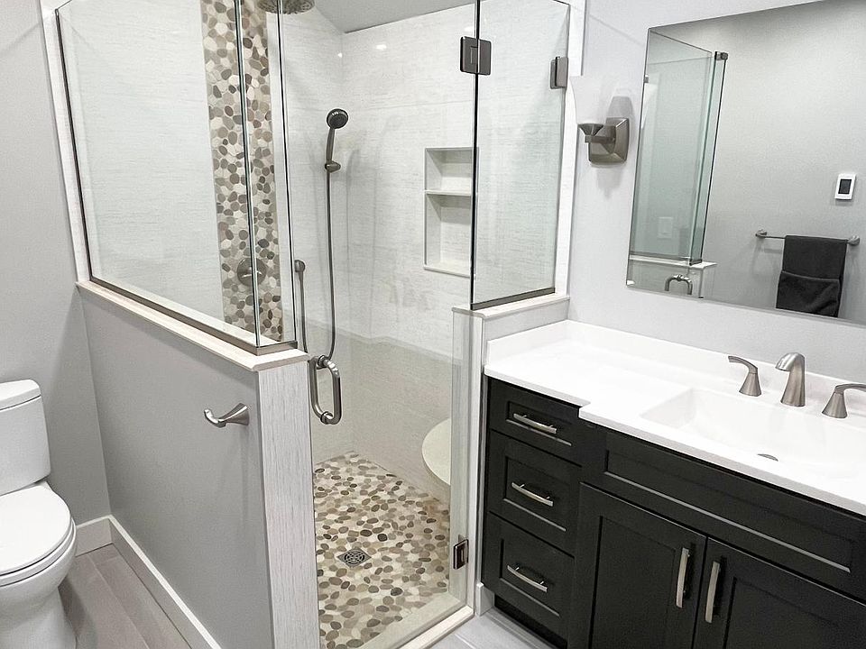 Newly renovated spa-like bathroom with large walk-in shower and heated flooring
