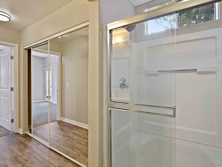 Large sliding closets and walk-in showers at Renaissance Apartment Homes in Santa Rosa, California