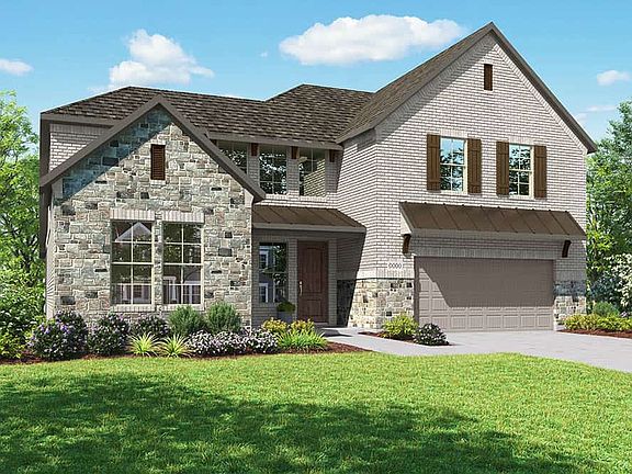 Elevation D is a two story farmhouse inspired brick and stone elevation with a metal roof detail on