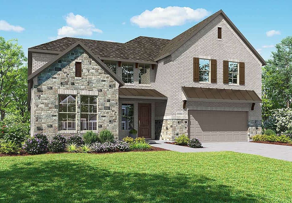 Elevation D is a two story farmhouse inspired brick and stone elevation with a metal roof detail on