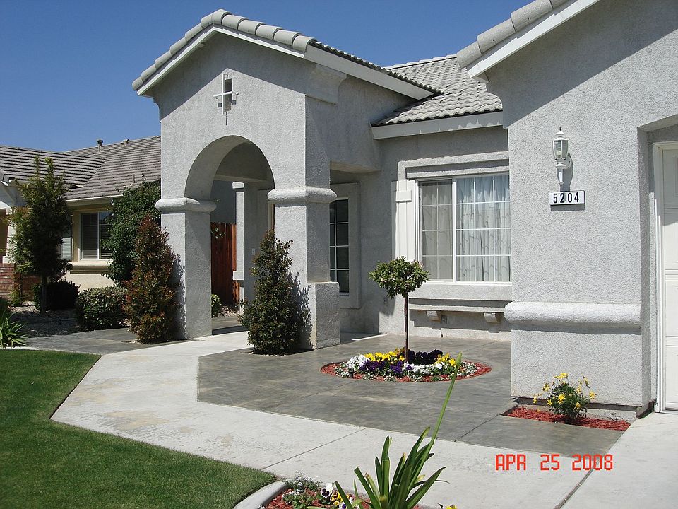 Stamped concrete on front.